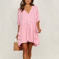 Synoidne ženske haljine - modno casual v -izrez čvrsti gumb kratkih rukava džep kratka haljina ružičasta xl