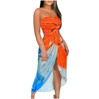 Ženska ljetna tiskana dugačka haljina bez naramenica plaža Split haljina za zabavu klupska haljina narančasta