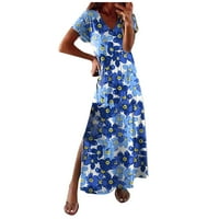 Clearance Crewneck haljine ženski boho ljetni tiskani kratki rukavi St.Tled Flowy Rayed Beach Maxi Dress haljina