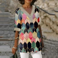 Ženski ljetni vrhovi modni tiskani casual s V-izrezom kratki rukavi labave majice bluze duboke čipke V-izrez Predimenzionirane