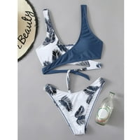 Bikini ženski omotač s printom lišća push-up odjeća za plažu mekani kupaći kostim plavi a-list