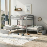 Krevet na tri kreveta za djecu, moderni drveni kutni krevet na kat u obliku kutije za spavaću sobu, niski krevet
