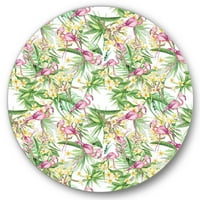 DesignArt 'žuti cvjetovi, tropsko lišće s Flamingo II' Moderni krug metal zidne umjetnosti - disk od 36