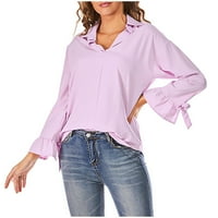 Jednobojne široke bluze s ovratnikom s dugim rukavima, lanene košulje na kopčanje za žene, Ljubičasta veličina
