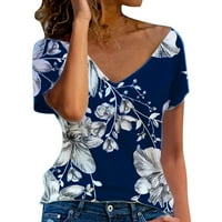 Ženski ljetni vrhovi cvjetni kratki rukav v vrat majice majice tiskana majica s tunikom Žene Ljetne ženske labave