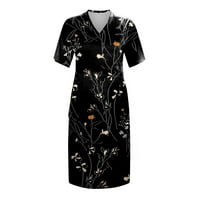 Čišćenje ljetne haljine za žene s V-izrezom cvjetni a-line dužina koljena labava haljina kratkih rukava crna 2xl