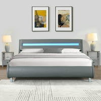 Okvir kreveta s platformom od kože presvučen kožom sa zakrivljenim dizajnom LED svjetla, drvena letvica, nije