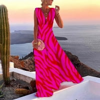 Žene dužine gležnja modno tiskano rukom maxi v-izrez ljetna haljina vruća ružičasta m