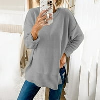 Trendi odjeća za žene ženski džemper od čvrste boje mekani pleteni okrugli vrat bočni prorez dugi rukav casual