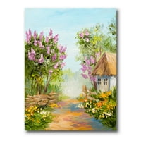 DesignArt 'mala kuća u cvjetanju cvijeća Forest' Lake House Canvas Wall Art Print