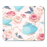 Plavi čaj čajnici šalice i cvijeće, ružičasti uzorak miša jastučić za miša jastučić za miša