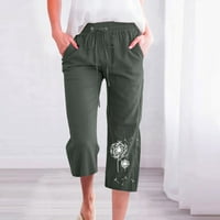 Ženske lanene hlače, hlače s ravnim nogama s visokim strukom, opuštene hlače Capri, modni povremeni tisak elastične