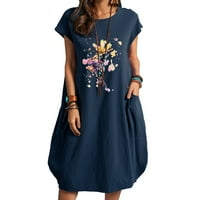 Ženska pamučna posteljina labava haljina s džepnim klirensom Ljetni cvjetni tiskana haljina Košulje okrugla vrata