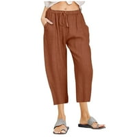 Lolmot capri hlače za žene povremene pamučne lanene elastične struke široke hlače za noge Čvrsti džepovi obrezane