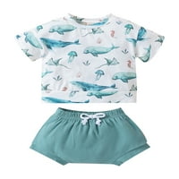Ljetni Kompleti odjeće za dječake bijela majica kratkih rukava s printom morskog psa + plave PP kratke hlače s