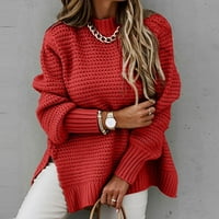 Jednobojni džemperi za žene pulover s okruglim vratom dugih rukava teški pleteni džemper s bočnim prorezom od