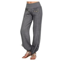 Široke lanene hlače za žene, modne jednobojne hlače s džepovima na kopčanje od pamuka i lana, Ležerne široke hlače