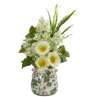 21in. Gerber Daisy, lila i travnat umjetni aranžman u cvjetnoj vazi