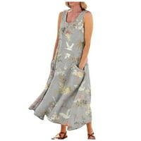 Ljetne haljine za žene trendi bez rukava a-line dužina gležnjača labava cvjetna okrugla dekolte haljina siva 5xl