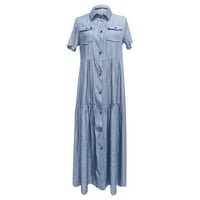 Haljina za žene haljina s dugim rukavima za žene modni gumb gumb lagana solidna V-izreza lmitation traper kratki