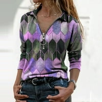 Modna ženska ležerna bluza s preklopom s geometrijskim prednjim zatvaračem s patentnim zatvaračem majice s ljubičastim