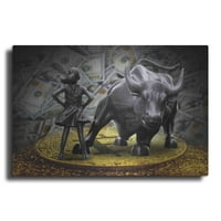 Luksuzna metalna umjetnost neustrašiva djevojka i napadajući bik na bitcoinima, metalna zidna umjetnost, 16912