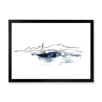 DesignArt 'minimalistički morski pejzaž s čamcem i crnim planinama' nautički i obalni uokvireni umjetnički tisak