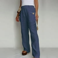Modne ženske duge široke hlače širokih nogavica Ležerne jednobojne hlače s džepovima s elastičnom trakom tamnoplava