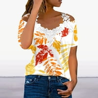 Yubatuo ženski vrhovi ženski v-izrez čipkasti patchwork vrhovi kratki rukavi majica s tiskanom majicom tunike