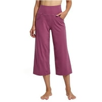 Clearment Women Yoga hlače čiste boje Visoki struk Sports Fitness Tweatpants široke noge Capris Summer Rollback