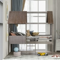 Kućni krevet za djecu, dvostruka veličina nisko potkrovlje drvene krevete s dva bočna prozora, antičko sivo smeđe