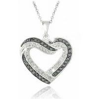 0. Carat T.W. Crno-bijela dijamantna ogrlica s otvorenim srcem srebrnog tona